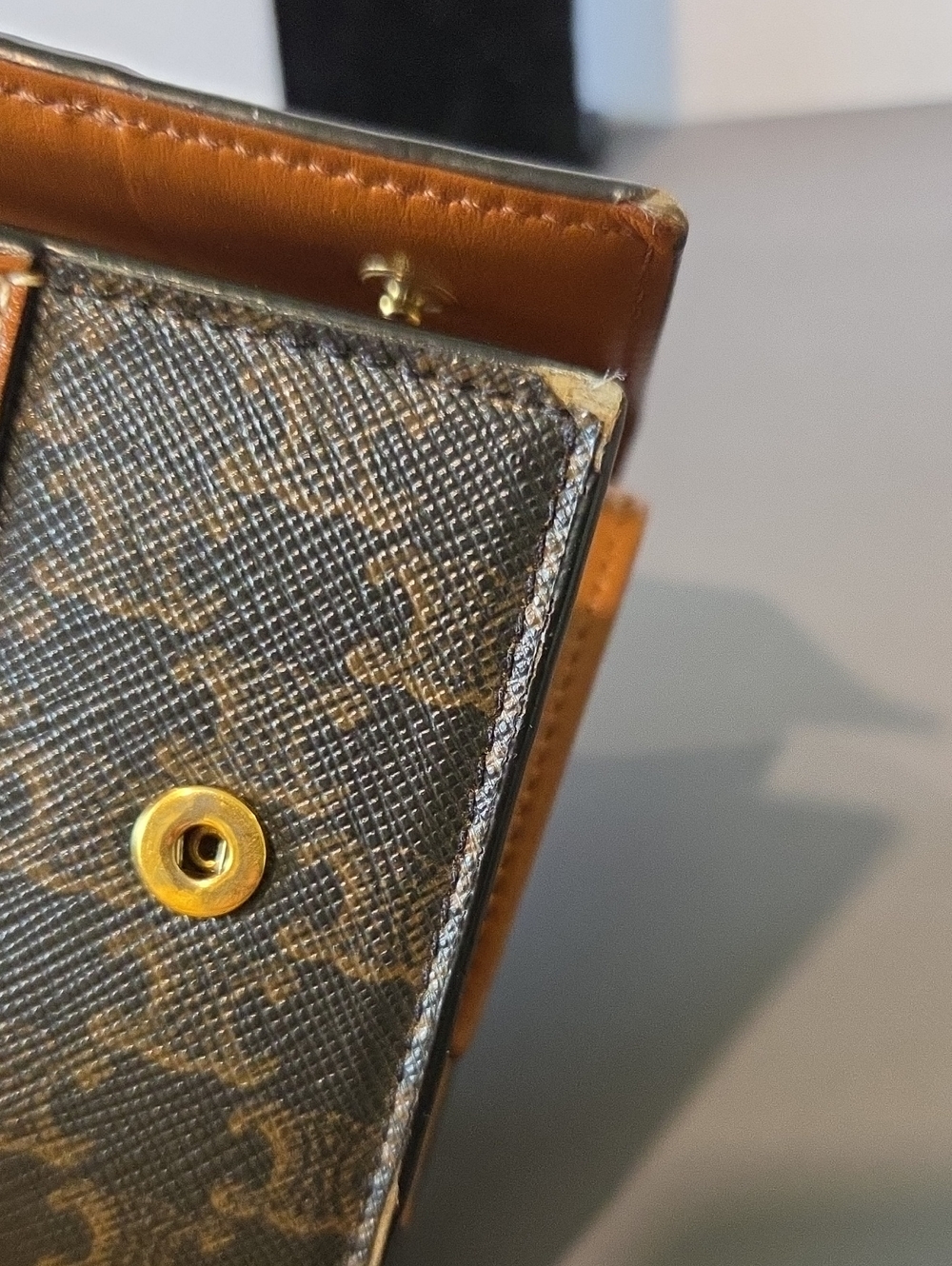Celine Triomphe Pattern Compact Trifold Wallet in Dark Brown with Tan Accent - Picture 6 of 11